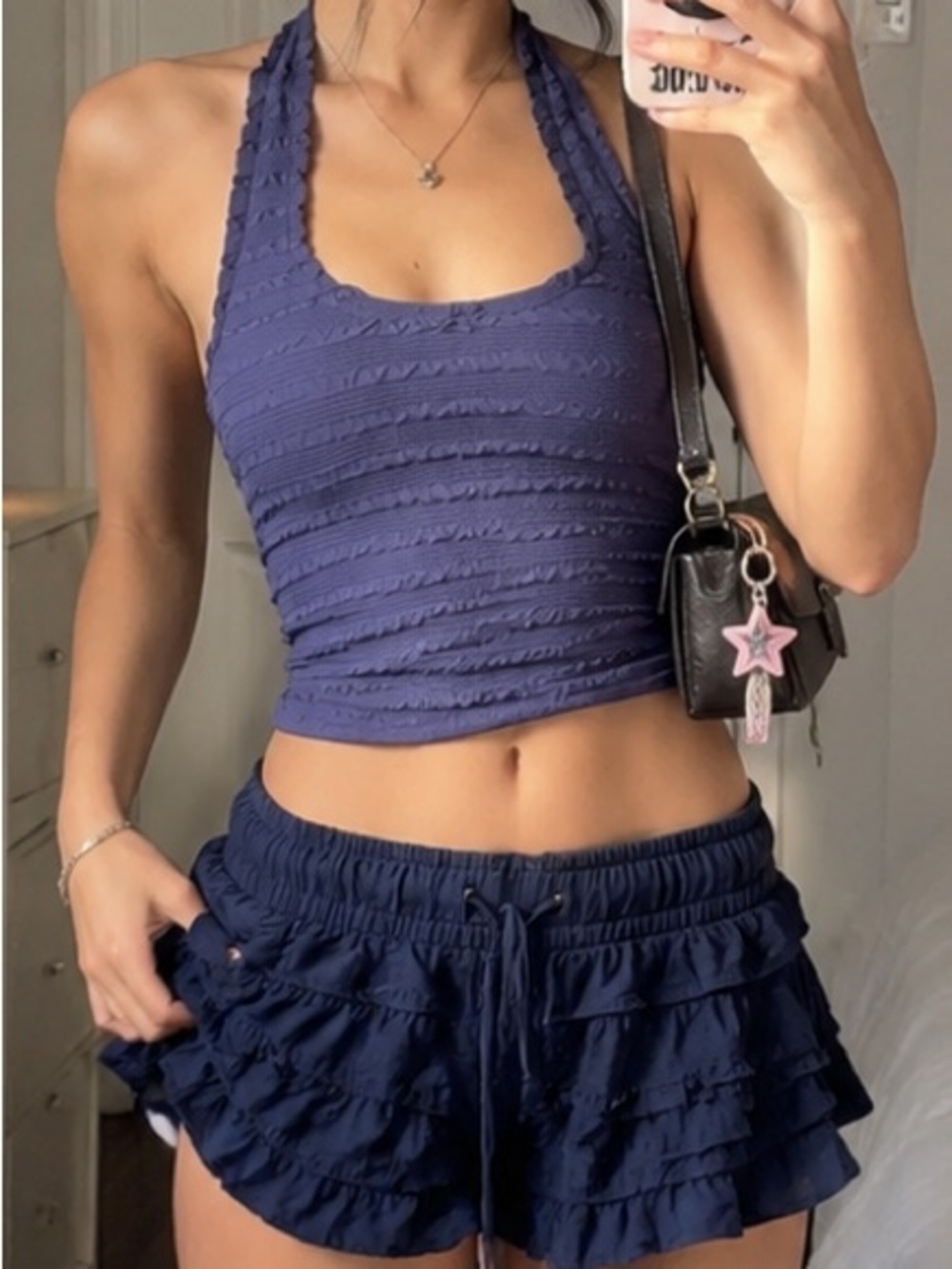 Mills by Millie Bobby Brown Navy Blue Textured Halter Top NWT XXS